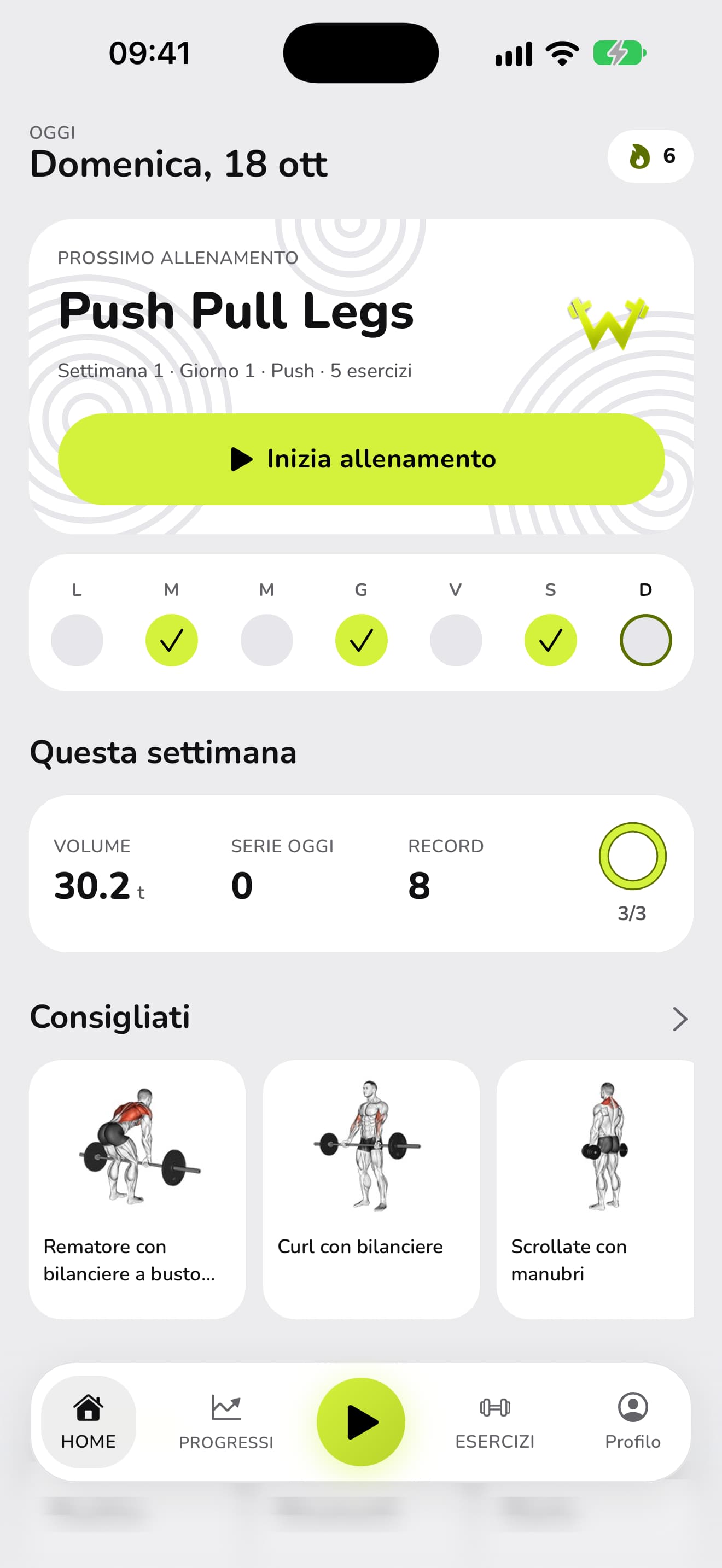 La home di WaveFit: prossimo allenamento Push Pull Legs, Settimana 1 · Giorno 1 · Push, i giorni fatti della settimana, 30,2 t di volume e 8 record questa settimana, l'obiettivo settimanale a 3 su 3 e gli esercizi consigliati.