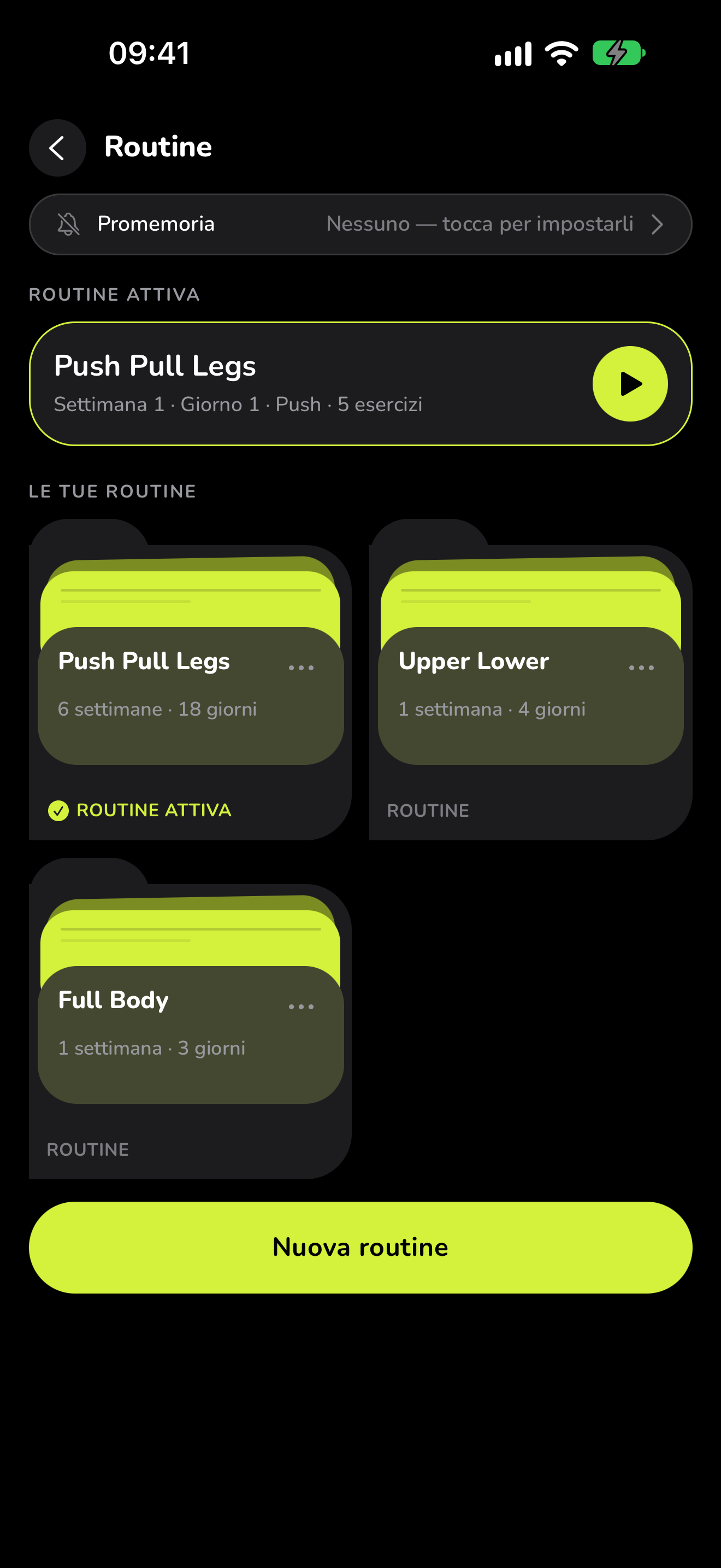 Le routine in WaveFit: Push Pull Legs è la routine attiva, 6 settimane e 18 giorni, accanto a Upper Lower e Full Body.