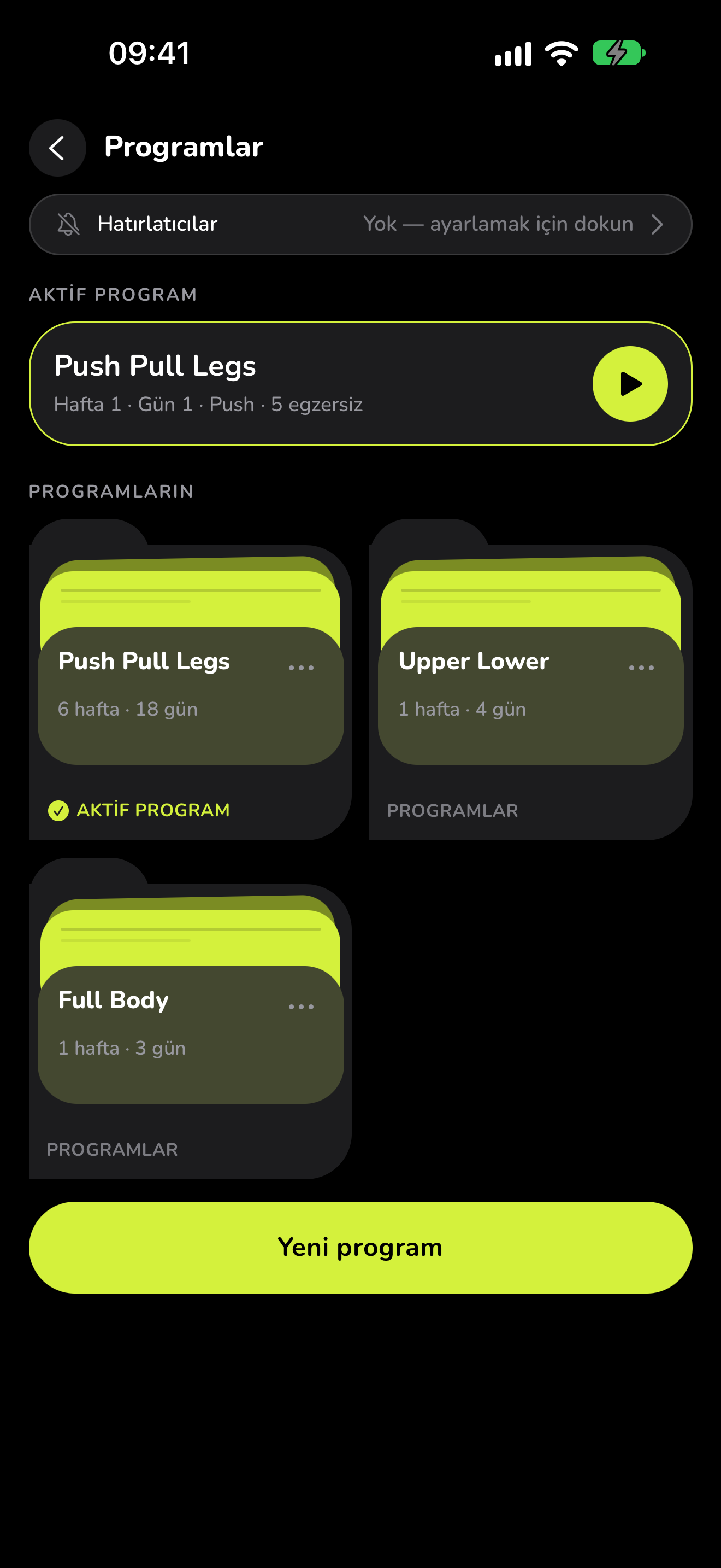 WaveFit'te programlar: aktif program Push Pull Legs, 6 hafta ve 18 gün; yanında Upper Lower ve Full Body.