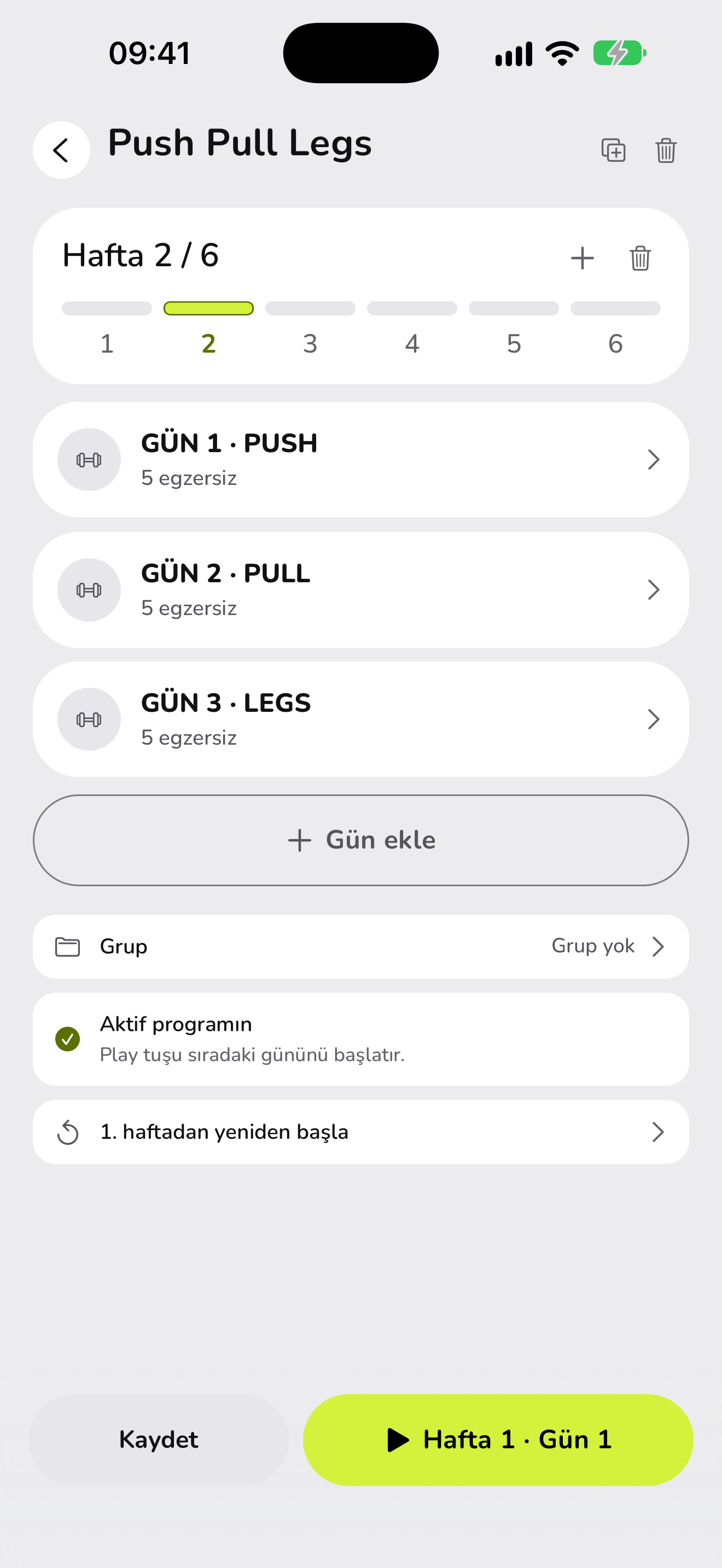 WaveFit program düzenleyicisi: Push Pull Legs, hafta 2 / 6, Push, Pull ve Legs günleriyle.