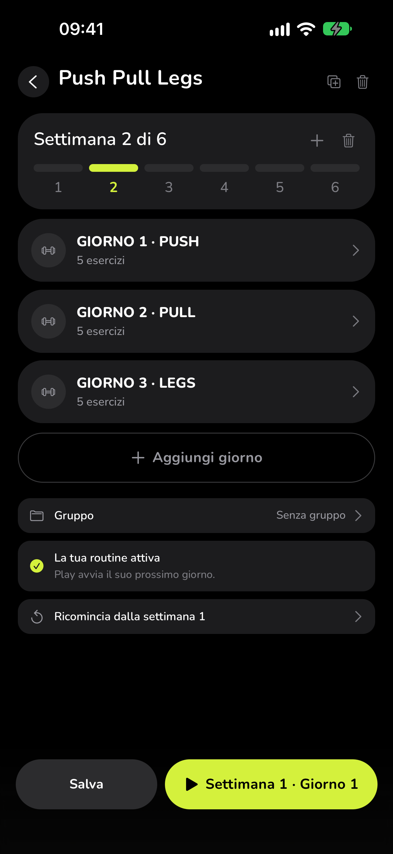 L'editor delle routine di WaveFit: Push Pull Legs, settimana 2 di 6, con i giorni Push, Pull e Legs.