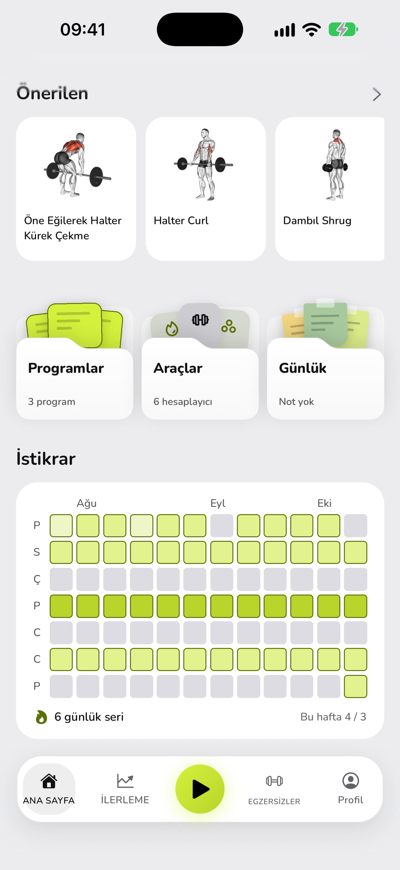 WaveFit ana sayfası: Ağustos'tan Ekim'e istikrar haritası, 6 günlük seri ve bu hafta 4 / 3 antrenman.