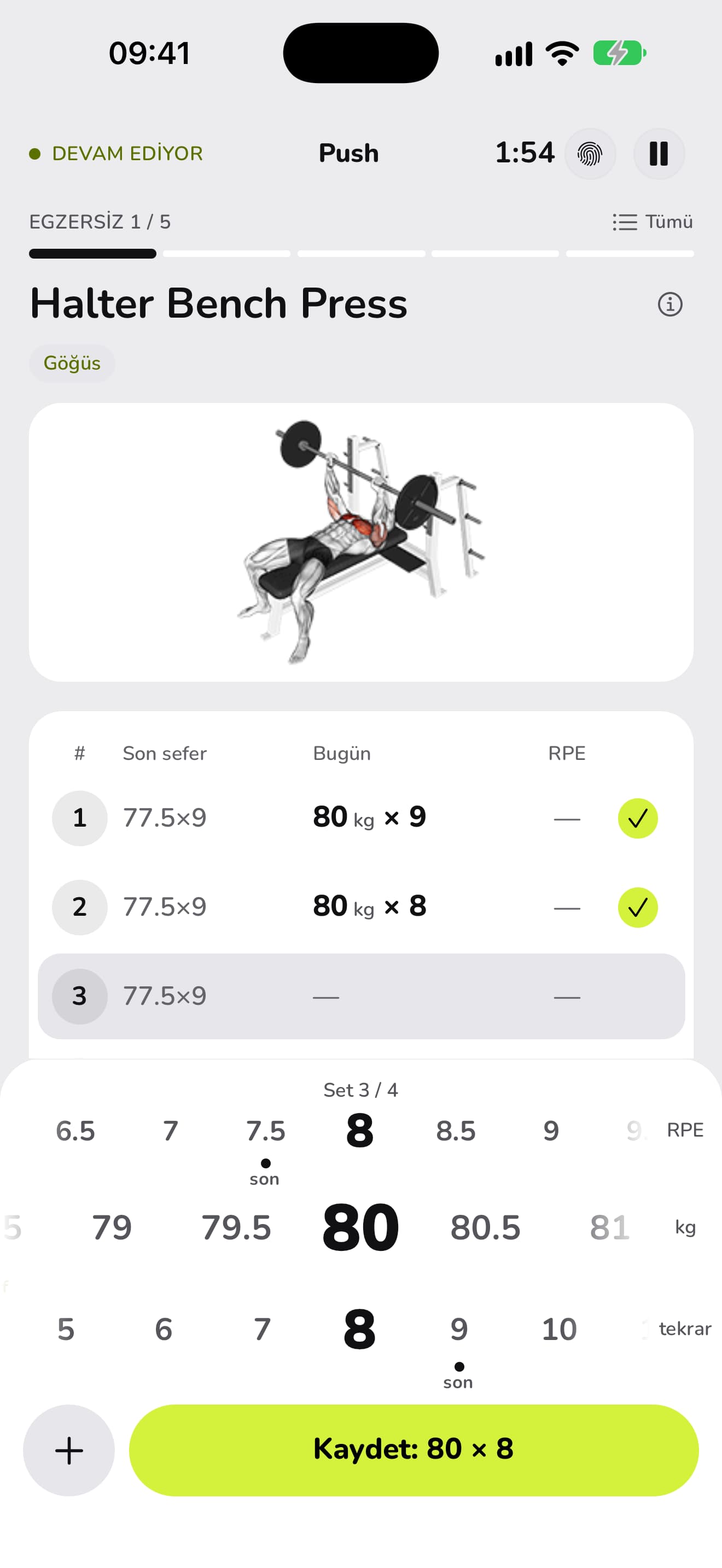 WaveFit'te 8'de duran RPE çarkı, ağırlık ve tekrar çarklarının üstünde.