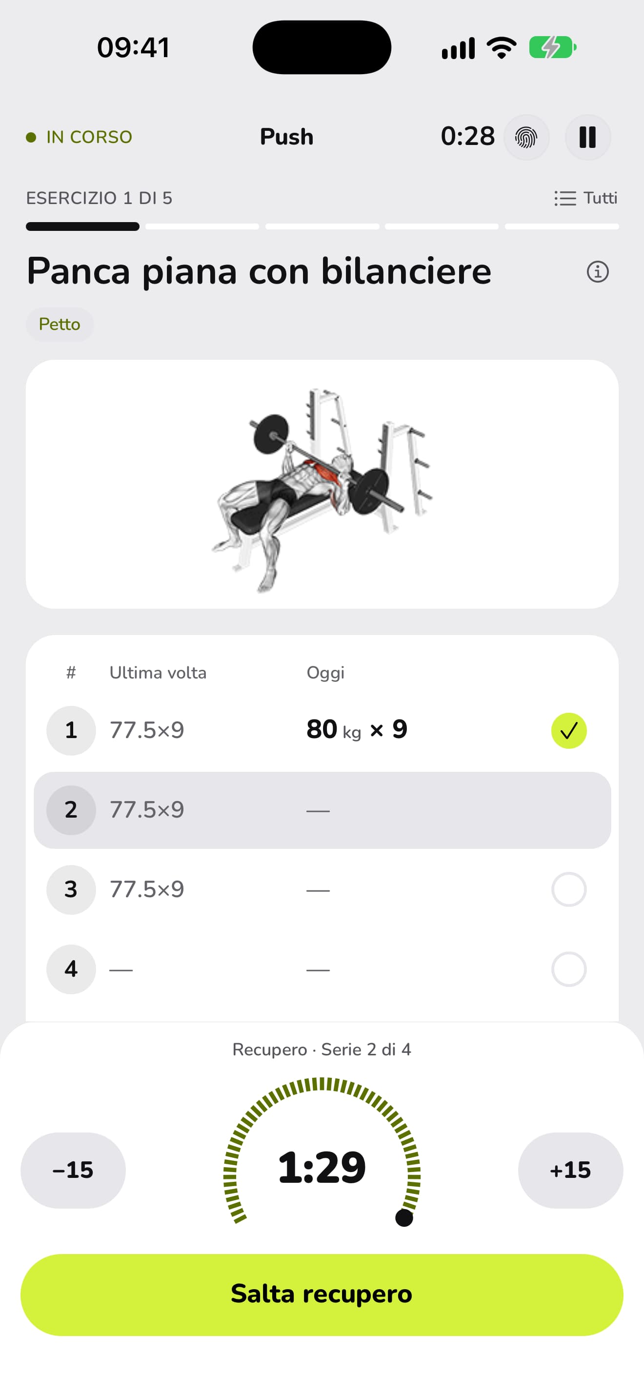Il timer di recupero di WaveFit che scorre dopo una serie da 80 kg × 9.