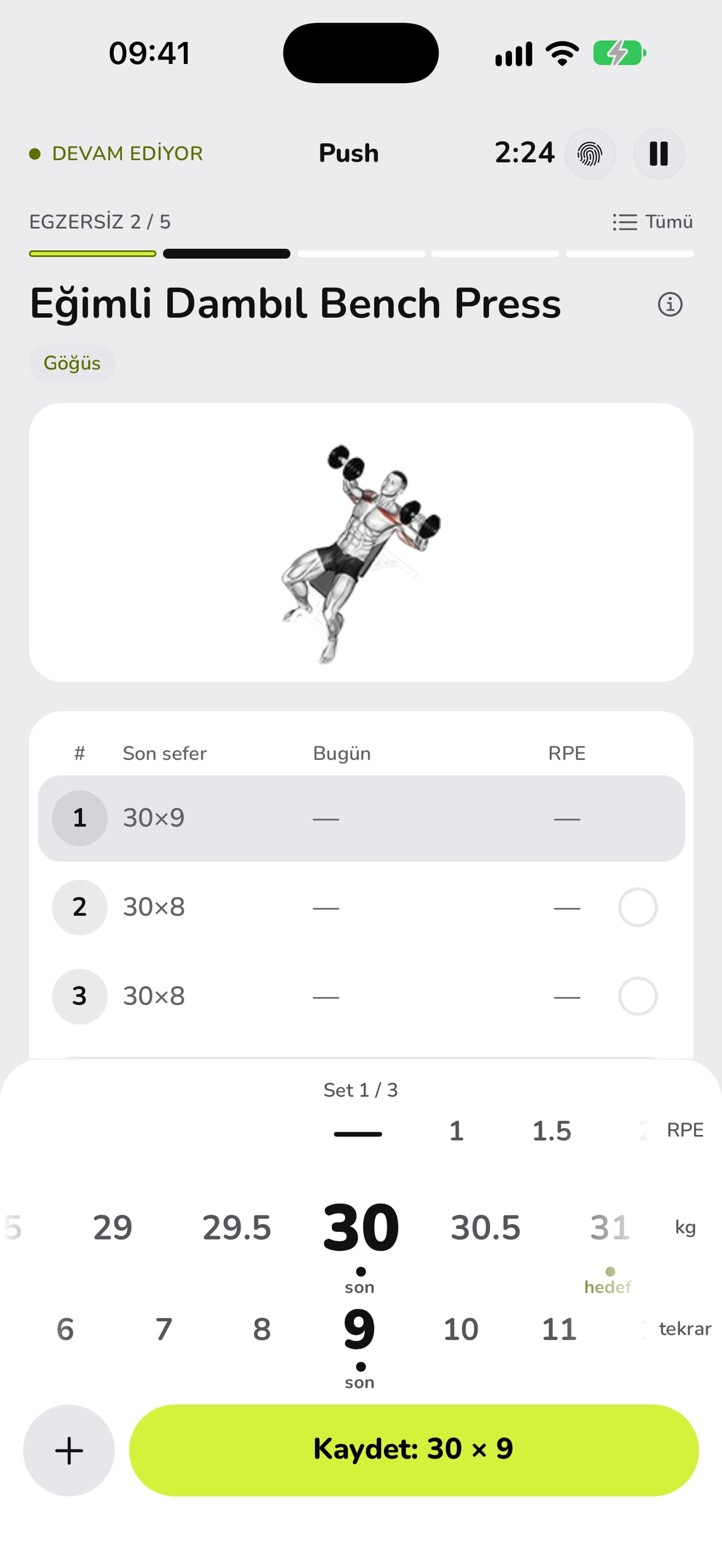 WaveFit'te bir antrenmanın ikinci egzersizi, Eğimli Dambıl Bench Press, animasyonu ve son seferin setleriyle.