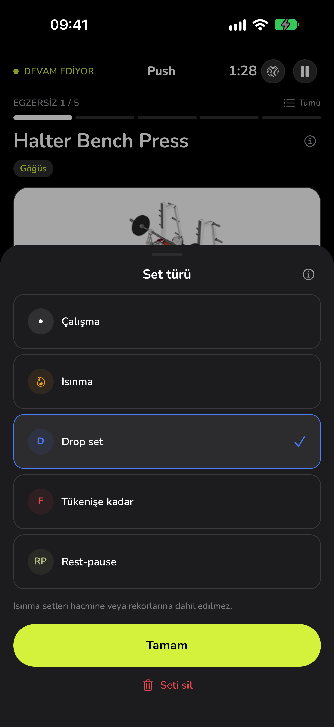 WaveFit'te set türleri: çalışma, ısınma, drop set, tükenişe kadar ve rest-pause.