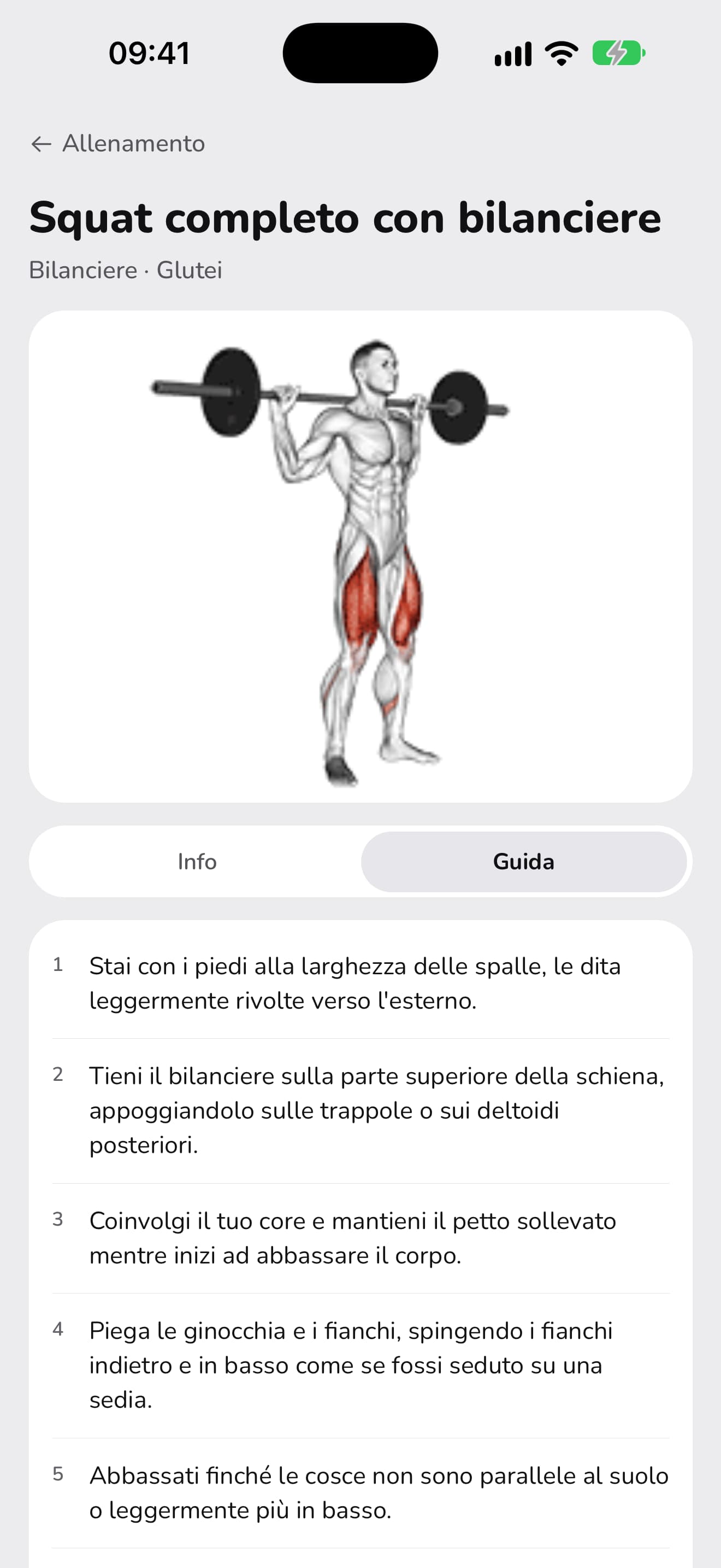 La pagina dello Squat completo con bilanciere in WaveFit, con la sua animazione e i passaggi numerati.