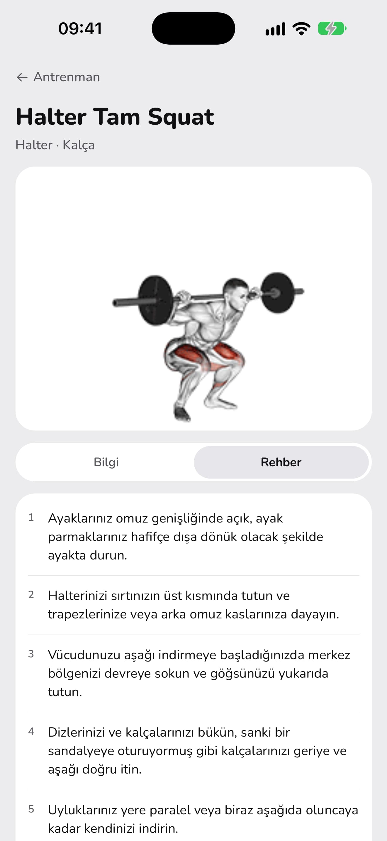 WaveFit'te Halter Tam Squat sayfası, animasyonu ve numaralı adımlarıyla.