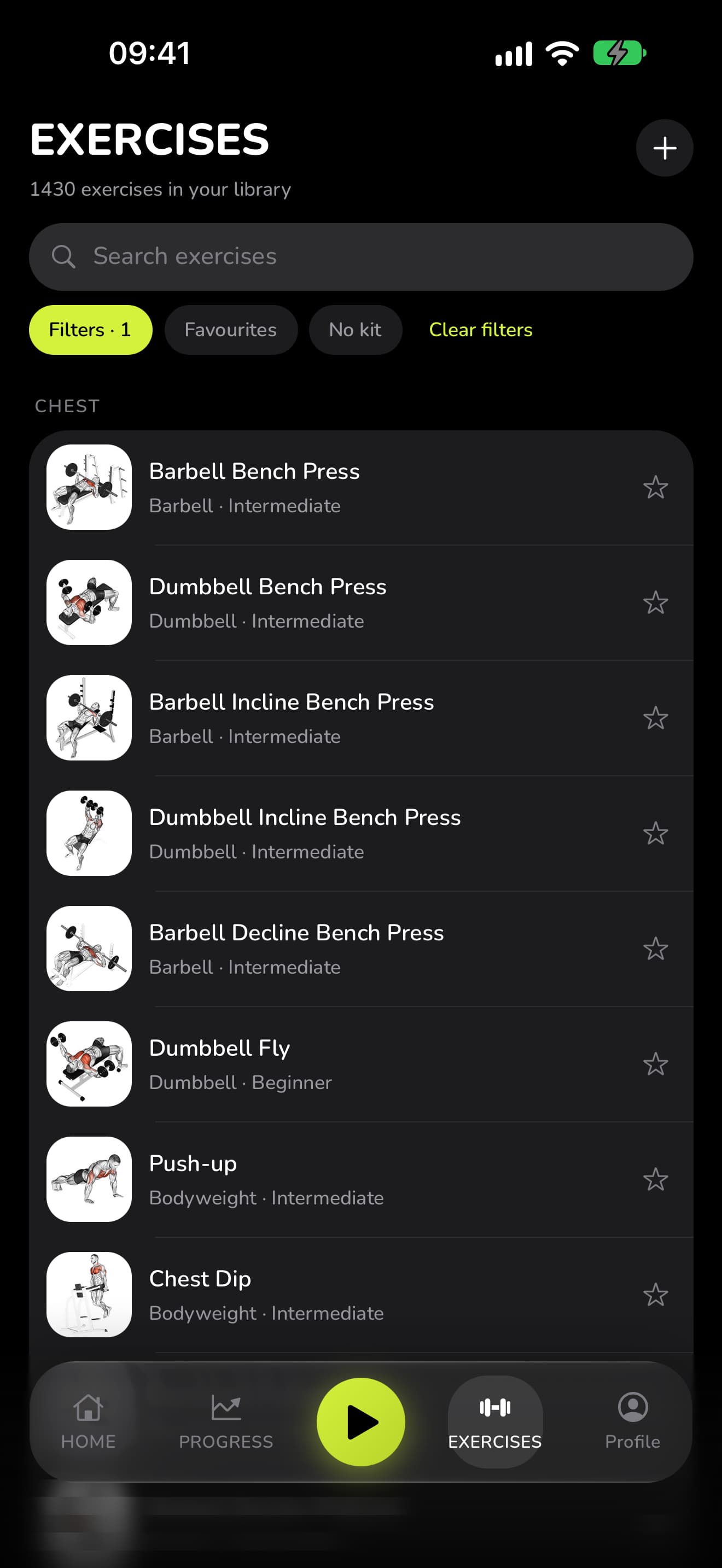 WaveFit's exercise library: 1,430 exercises, filters, and chest exercises with their illustrations.