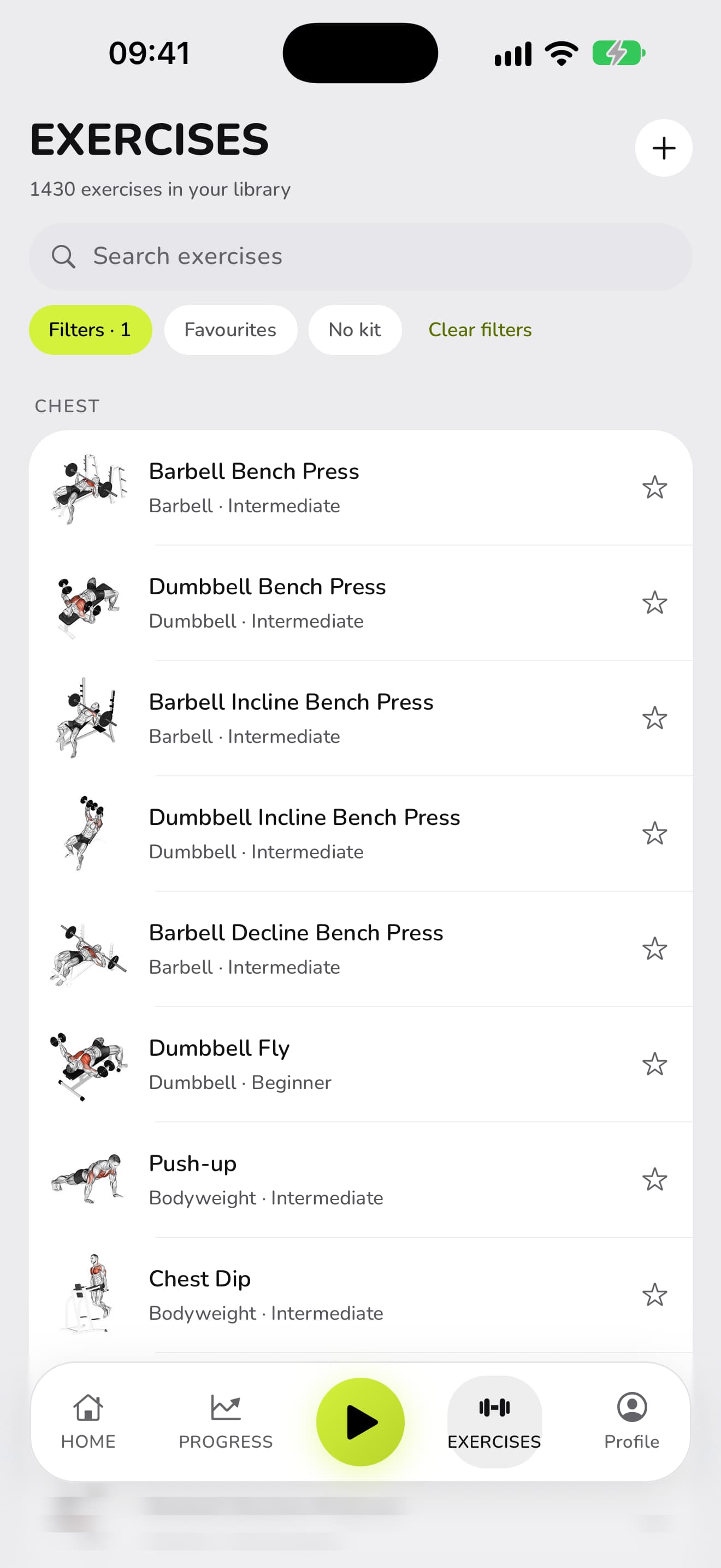 WaveFit's exercise library: 1,430 exercises, filters, and chest exercises with their illustrations.