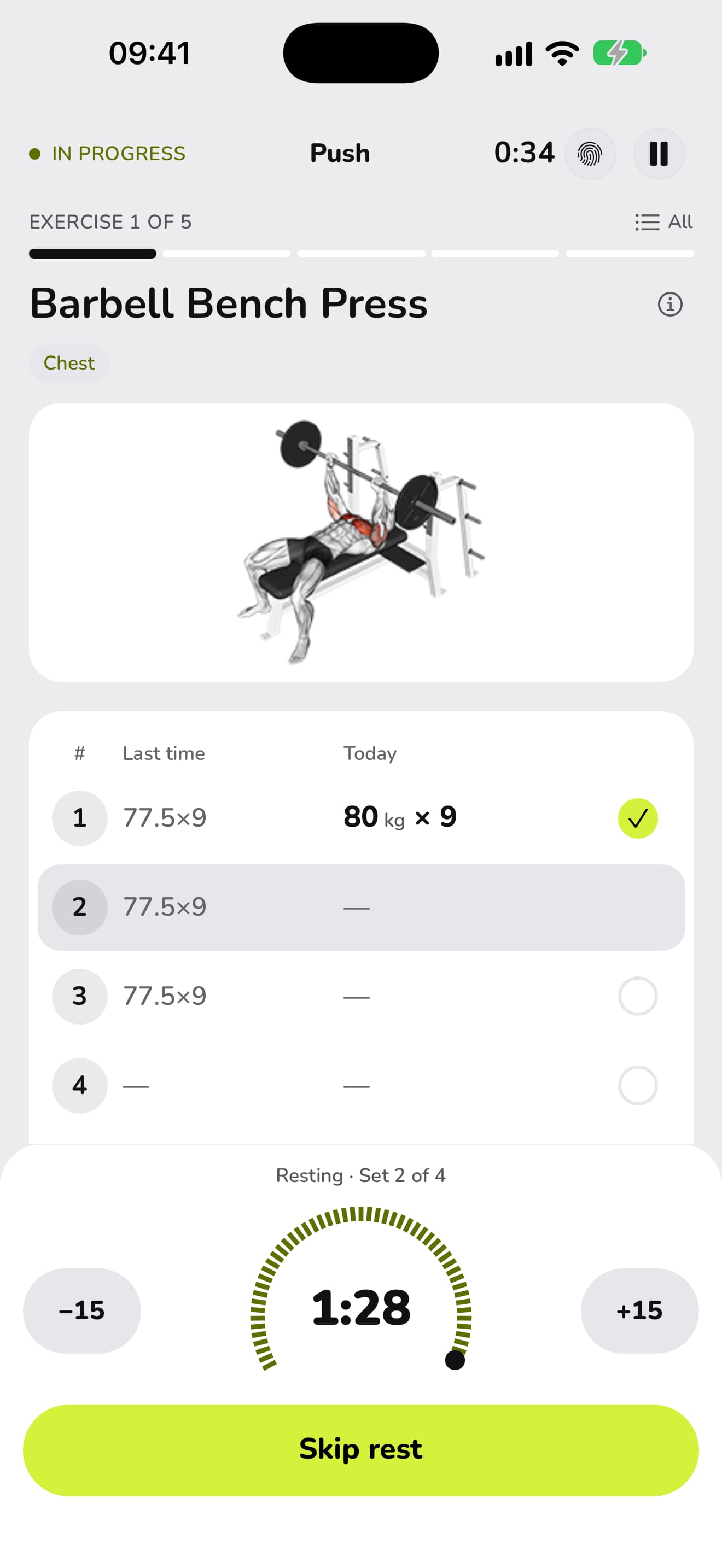 WaveFit's rest timer counting down after a set of 80 kg × 9.