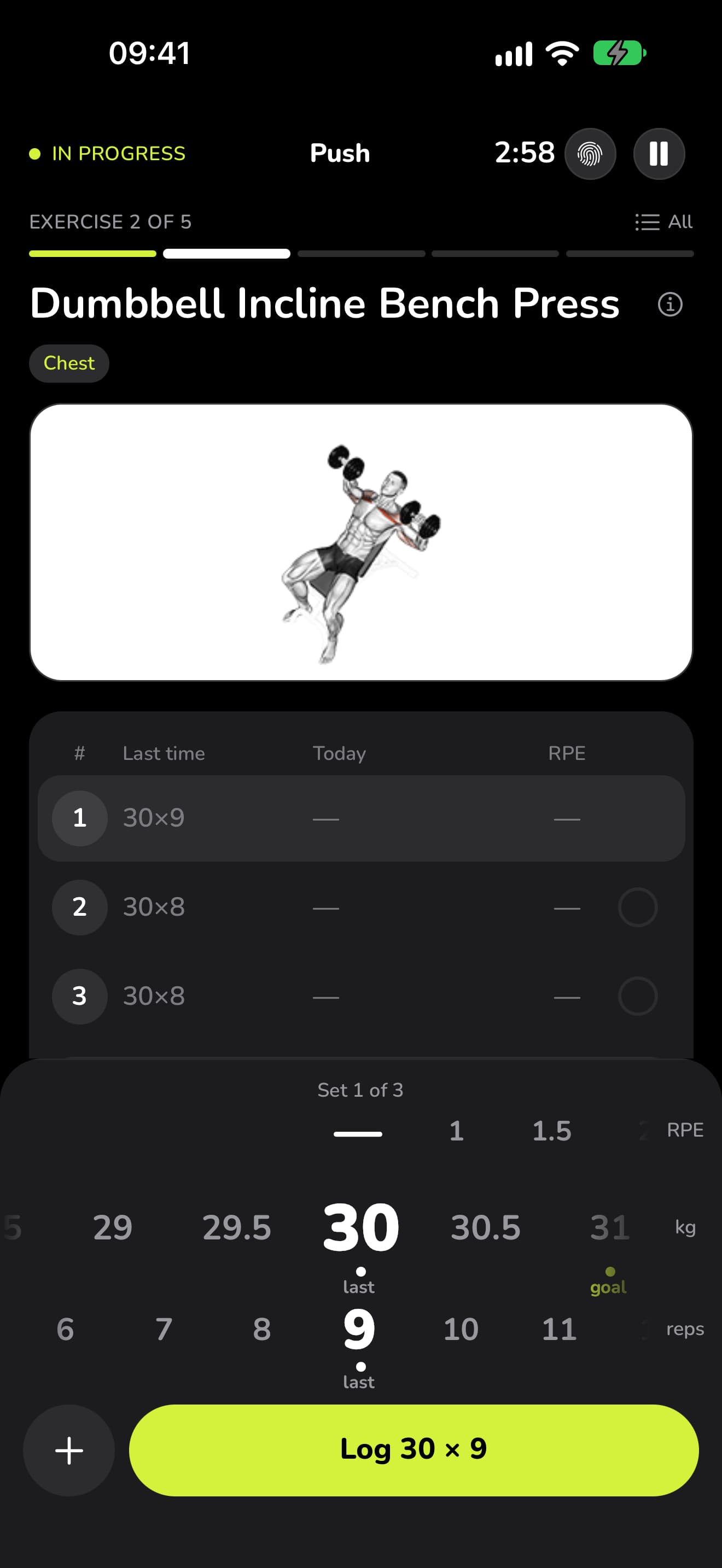 The second exercise of a session in WaveFit, Dumbbell Incline Bench Press, with its animation and last time's sets.