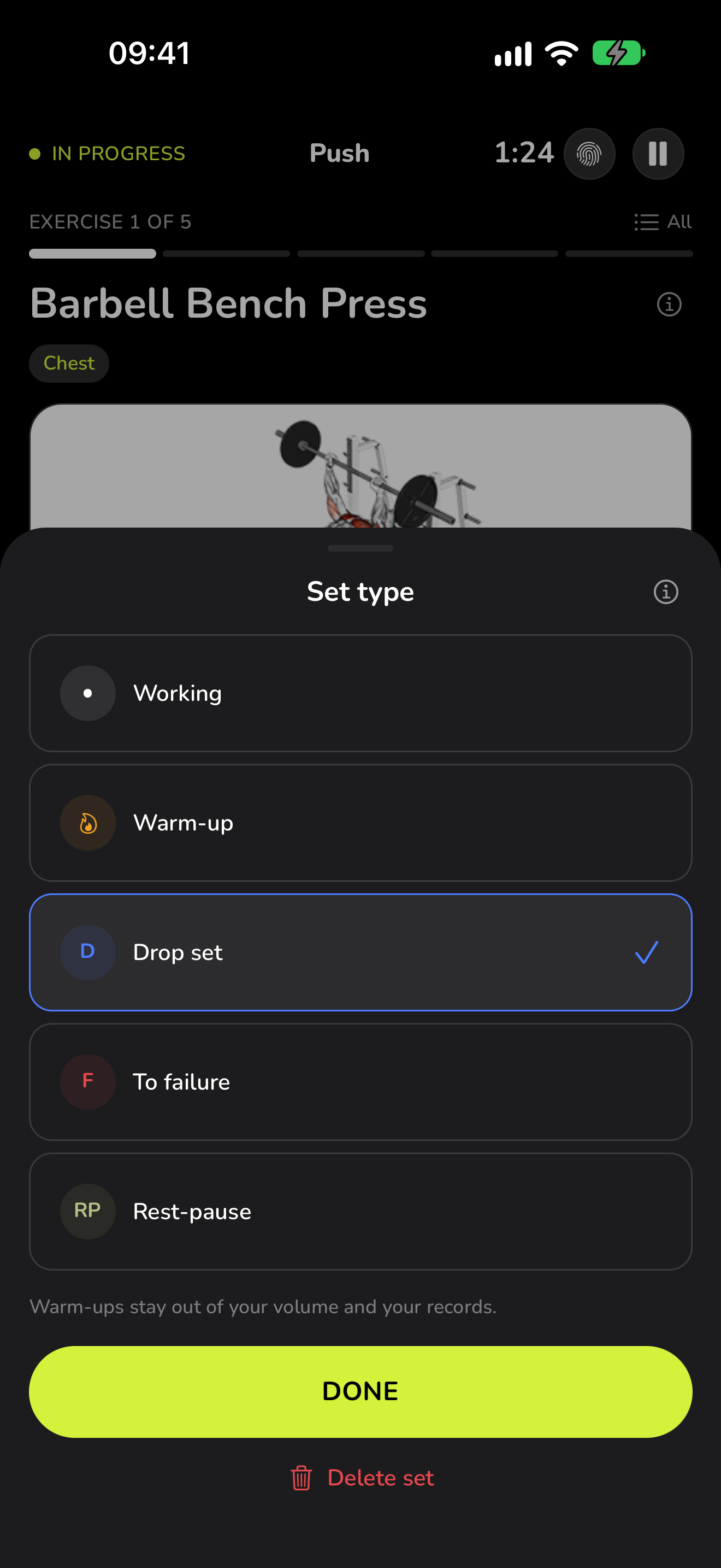 Set types in WaveFit: working, warm-up, drop set, to failure and rest-pause.