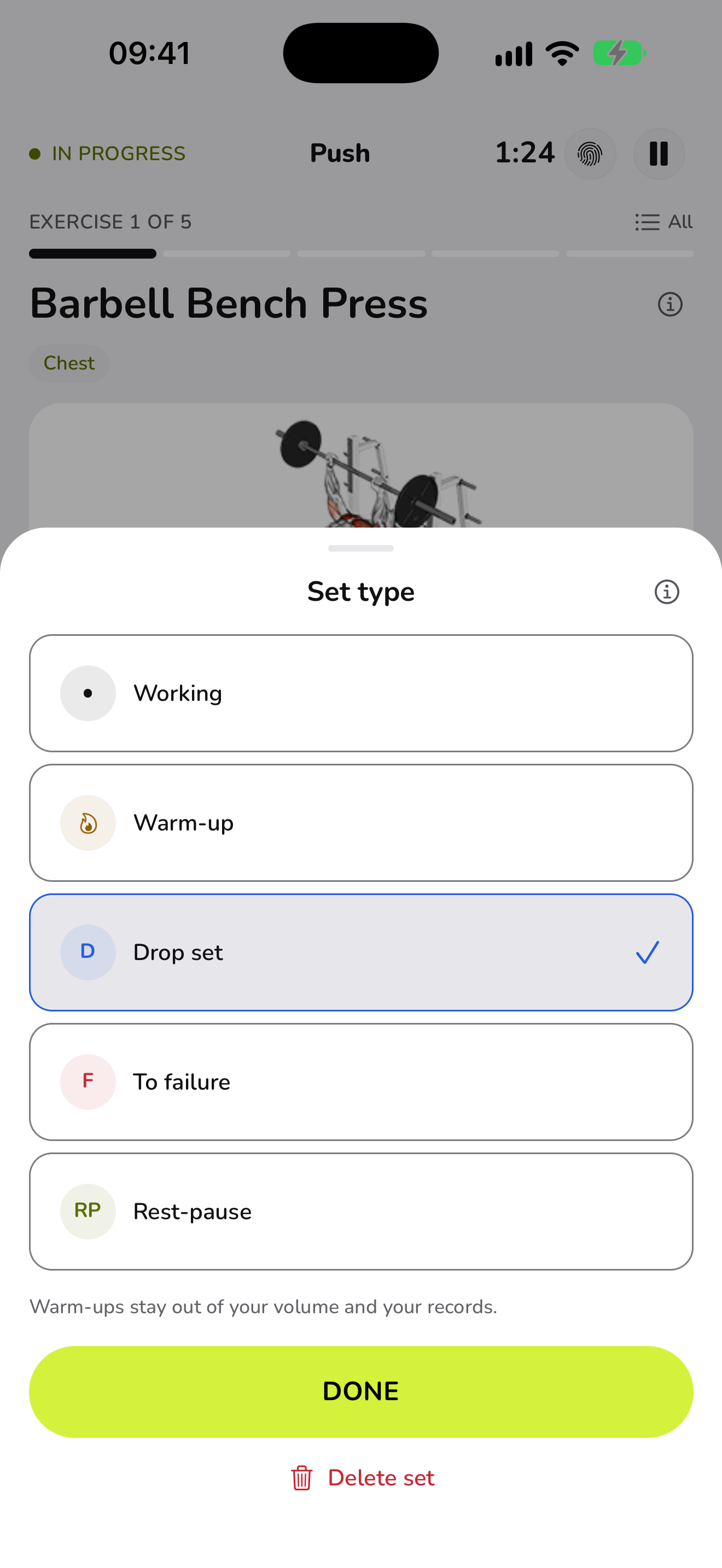 Set types in WaveFit: working, warm-up, drop set, to failure and rest-pause.