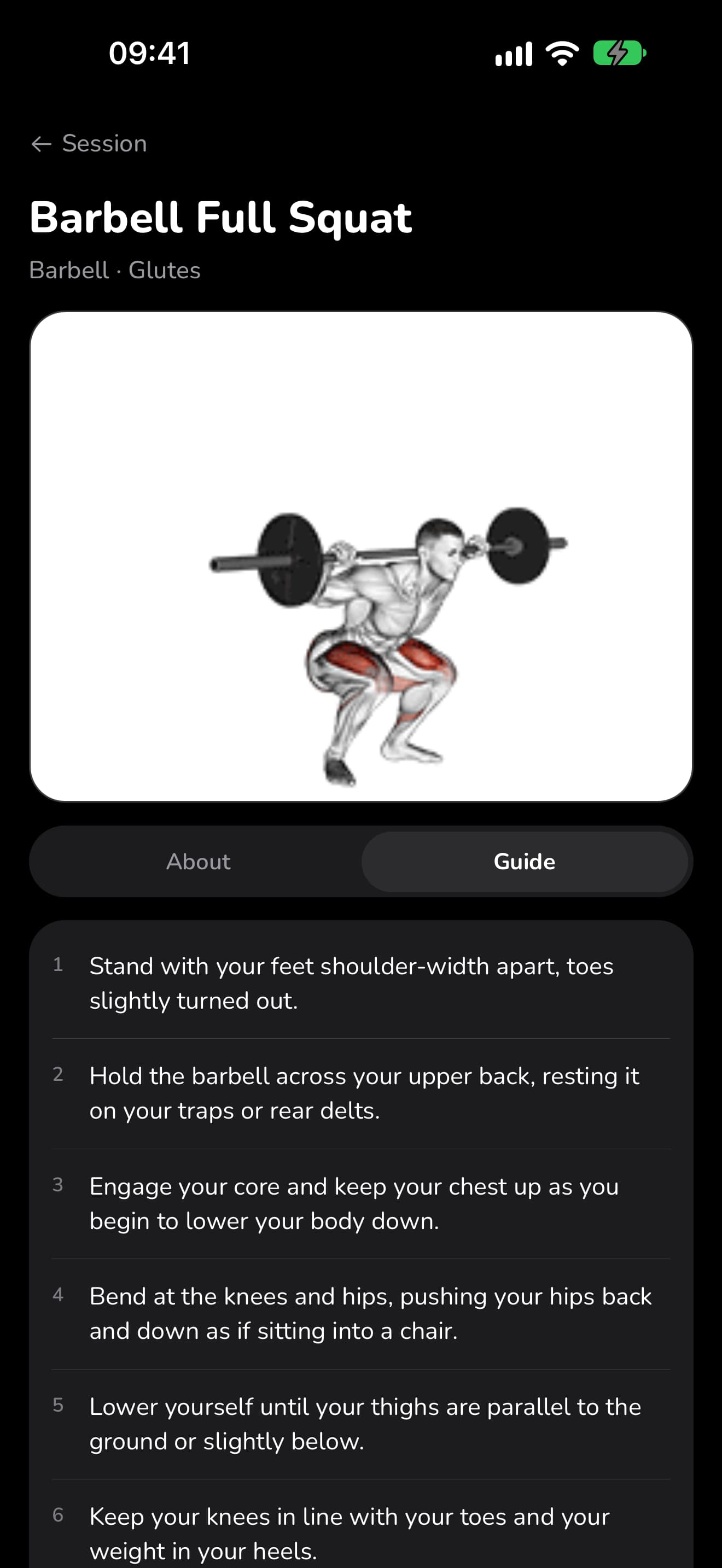 The Barbell Full Squat page in WaveFit, with its animation and numbered steps.