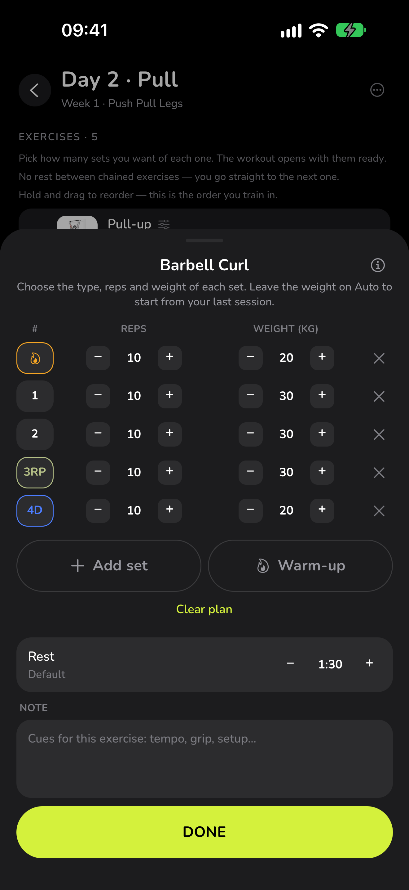 Planned sets for the Barbell Curl in WaveFit: a warm-up, two working sets, a rest-pause and a drop set, each with its reps and weight.