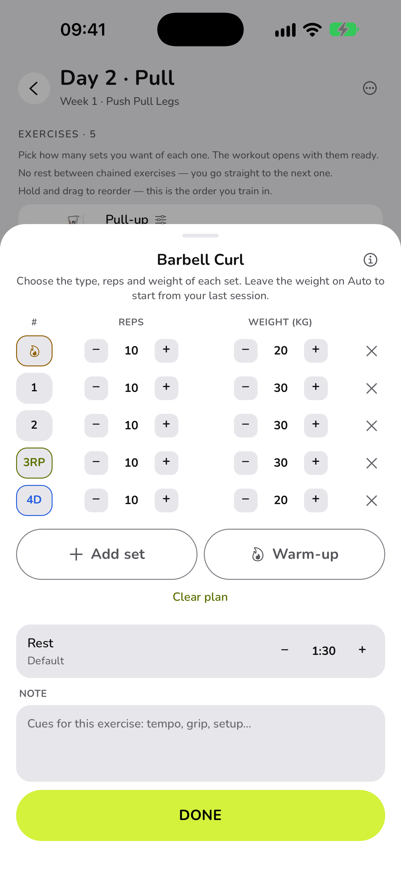 Planned sets for the Barbell Curl in WaveFit: a warm-up, two working sets, a rest-pause and a drop set, each with its reps and weight.